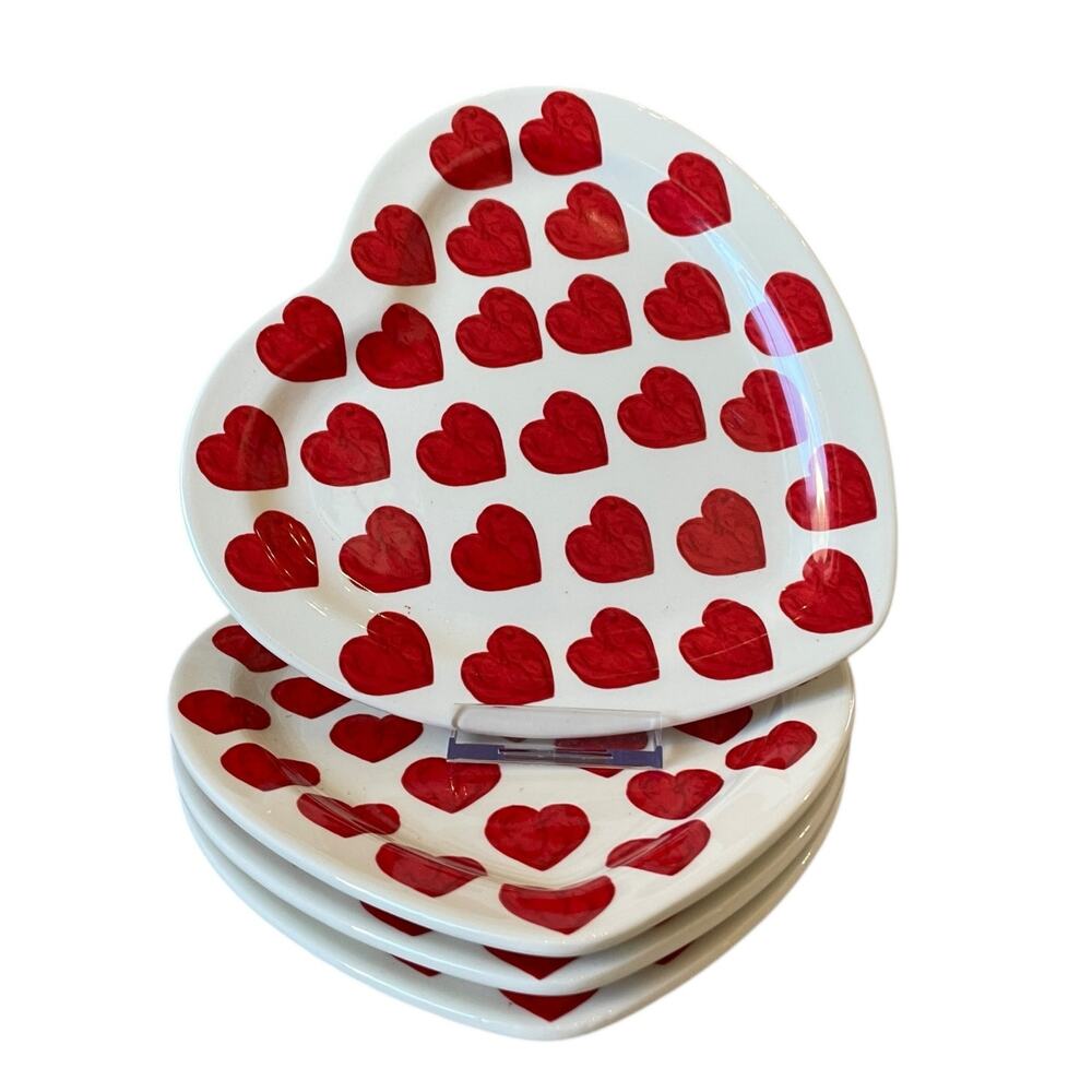 Maxcera Red Heart Valentine Plates 8in Ceramic Set of 4 White New